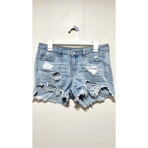 Refuge Camo Denim Shorts Distressed Ripped Light Blue Wash Size 6